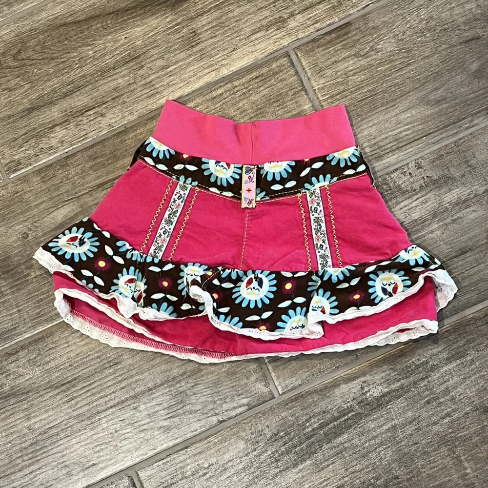 Sarby Ruffle Skirt Tiered Mini Pink Corduroy Brown Floral‎ Applique Girls Size 6